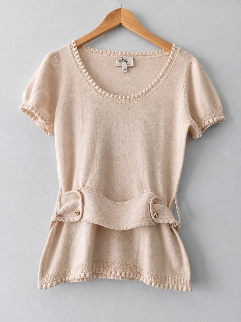 Milly of New York Cream Short-Sleeve Scoop Neck Sweater with Belt